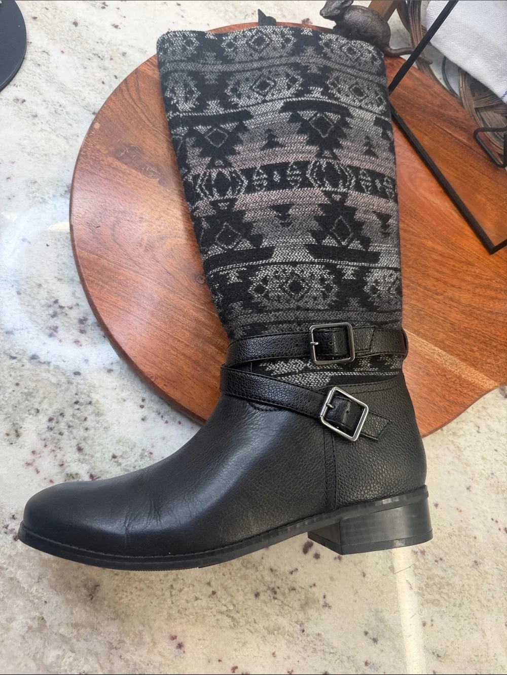 Trotters Black Leather Over-the-Knee Knit-Pattern Boots- NWOT